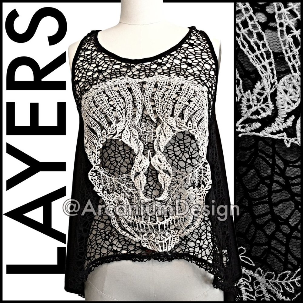 ❌SOLD Skull tank Mall Goth Punk Lace Applique net Gothic Rocker witchy metal emo